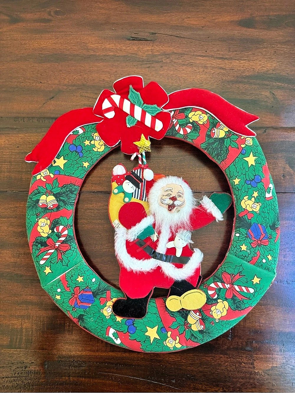Vintage Christmas Wreath, Jolly Santa With Toys, 14" Round Fabric Wall Hanging
